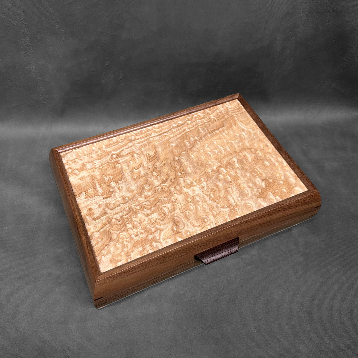 Signature Elegance Jewelry Box Walnut with Tamo Ash Lid Curly Maple and Zebrawood Stripe