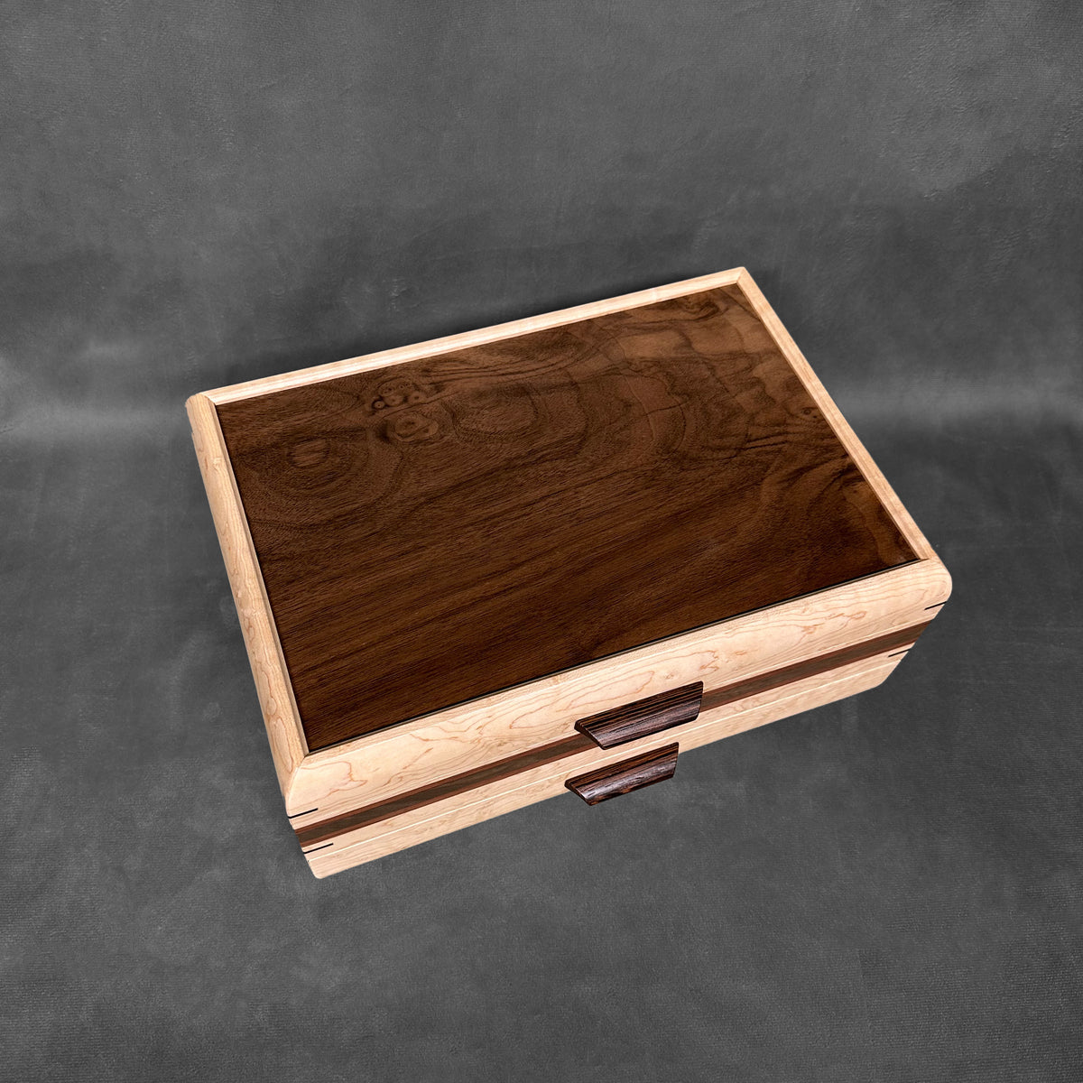 SELECT Sophisticated Jewelry Chest Birdseye Maple with Swirled Walnut Lid Bubinga and Walnut Stripes