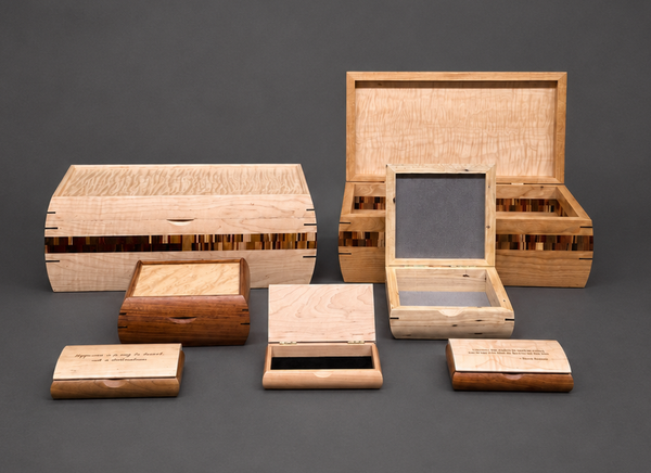 Handcrafted wooden trinket boxes in maple, cherry, and walnut, small to large