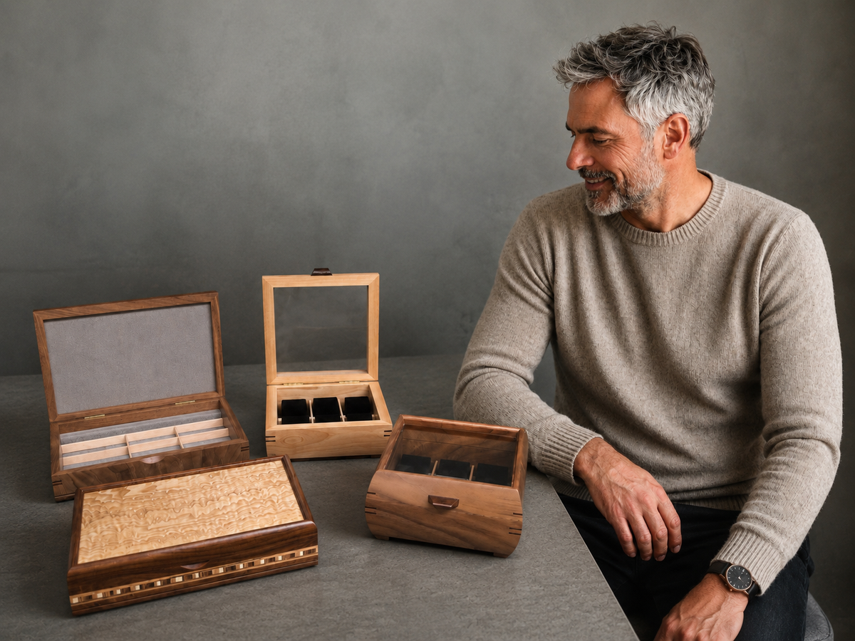 Man admiring handcrafted wooden valet boxes