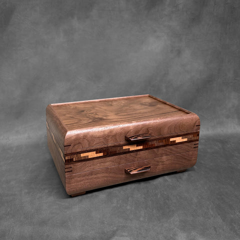 Signature Sophisticated Jewelry Chest Walnut with Walnut Lid Long Double Check in Cherry, Walnut, Bolivian Rosewood and Wenge Stripes