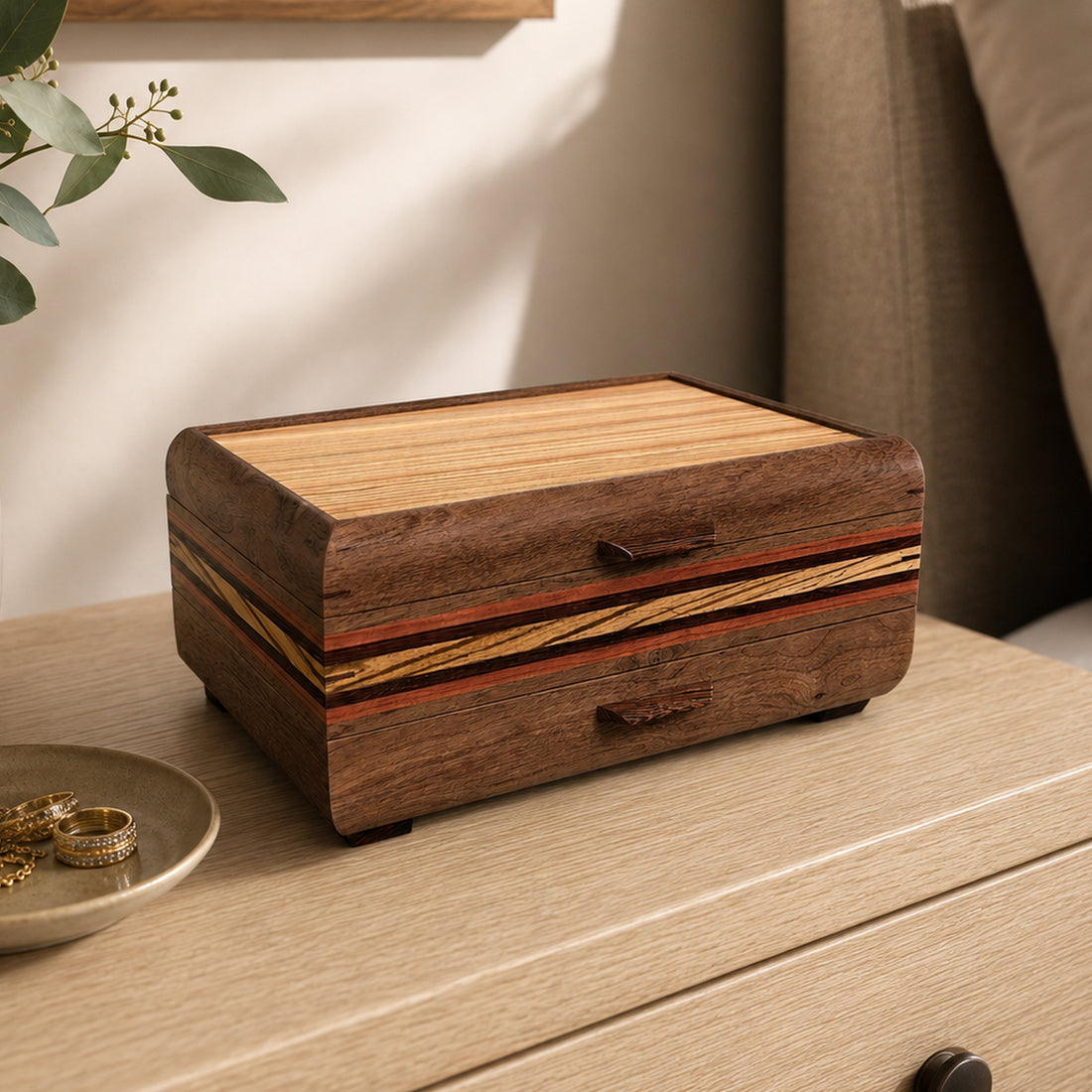 Signature Sophisticated Jewelry Chest Walnut with Zebrawood lid Bubinga, Wenge and Zebrawood Stripes #2