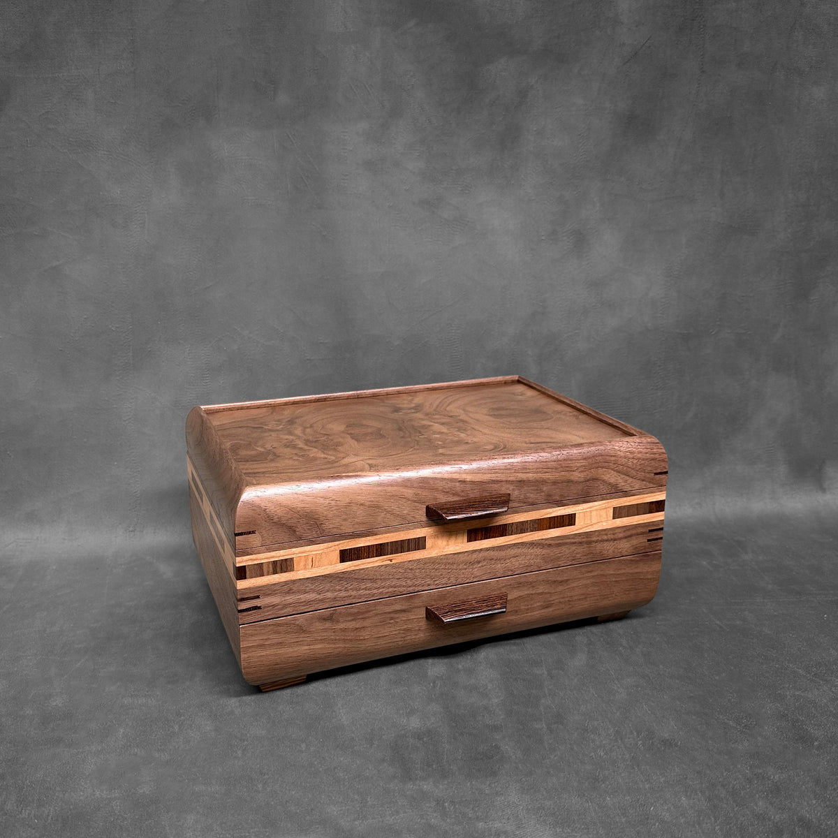 Signature Sophisticated Jewelry Chest Walnut with Walnut Lid Long Check in Cherry, Walnut, Bolivian Rosewood and Cherry Stripes