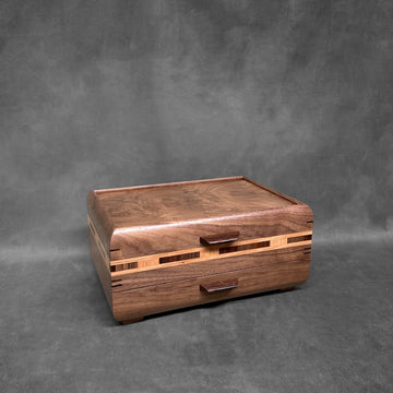 Signature Sophisticated Jewelry Chest Walnut with Walnut Lid Long Check in Cherry, Walnut, Bolivian Rosewood and Cherry Stripes