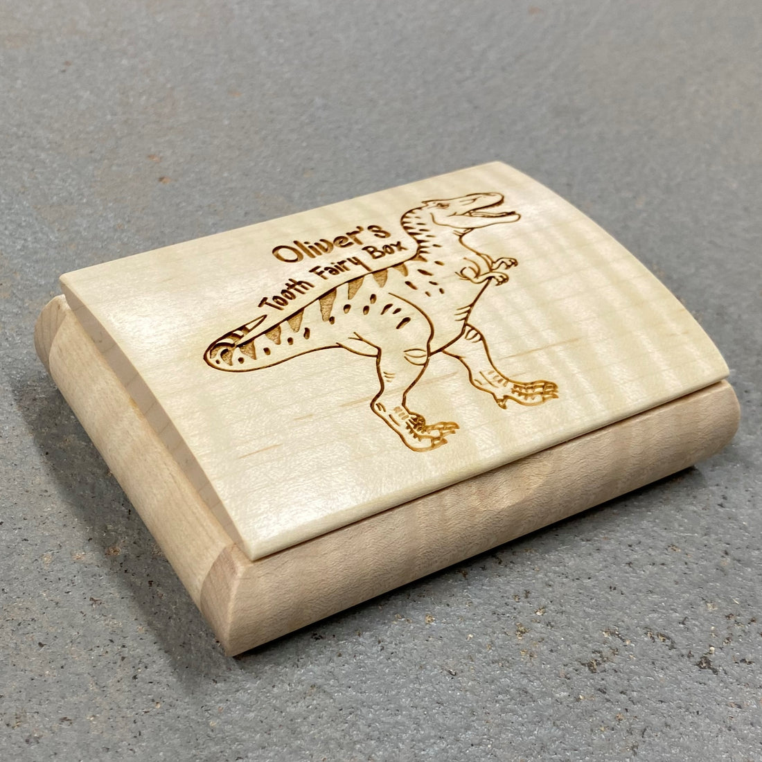 Wooden handmade Personalized Tooth Fairy Box - Dinosaur Curly maple by Mikutowski Woodworking