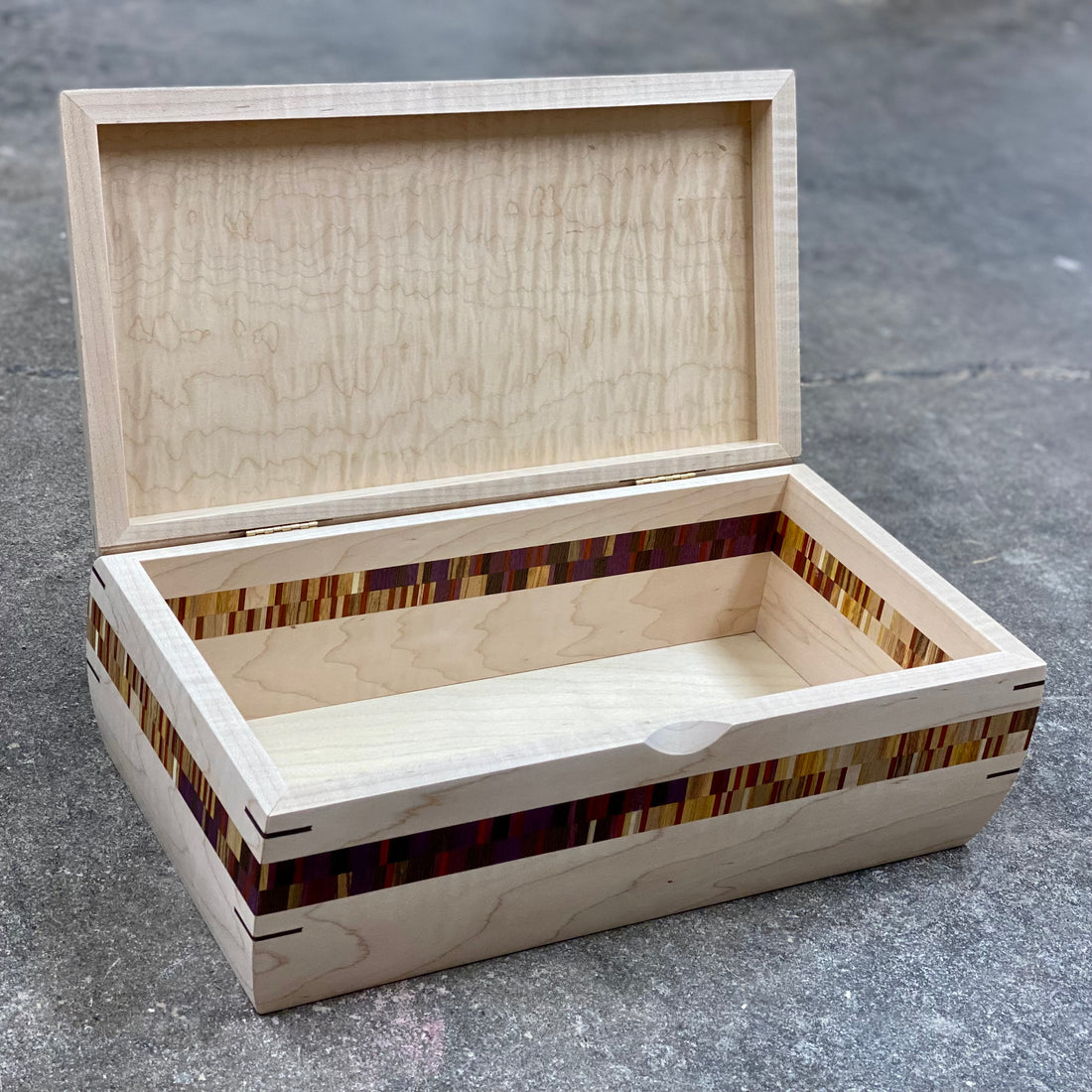 Wooden handmade SELECT Stash Box in Curly Maple with Curly Maple Lid and Colorful Ombre Double Stripe Curly Maple Curly Maple by Mikutowski Woodworking