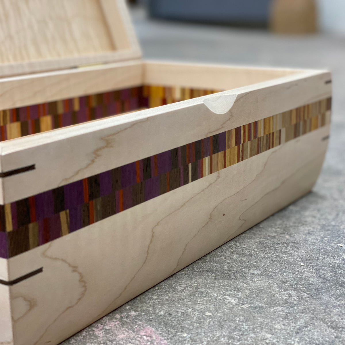 Wooden handmade SELECT Stash Box in Curly Maple with Curly Maple Lid and Colorful Ombre Double Stripe Curly Maple Curly Maple by Mikutowski Woodworking