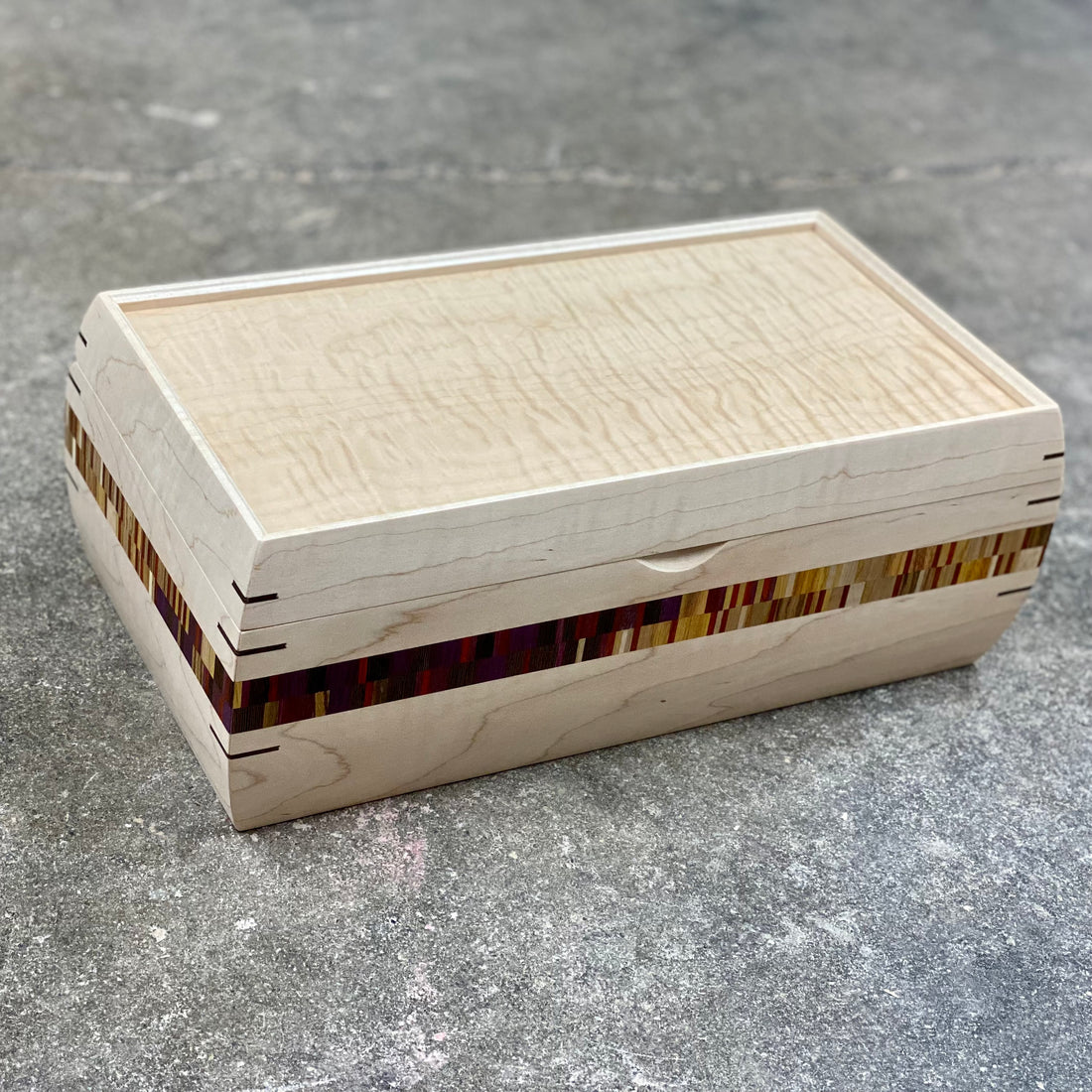 Wooden handmade SELECT Stash Box in Curly Maple with Curly Maple Lid and Colorful Ombre Double Stripe Curly Maple Curly Maple by Mikutowski Woodworking