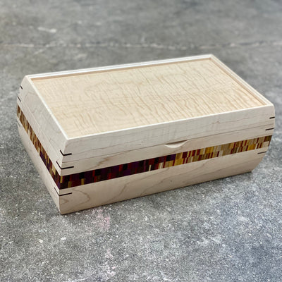Wooden handmade SELECT Stash Box in Curly Maple with Curly Maple Lid and Colorful Ombre Double Stripe Curly Maple Curly Maple by Mikutowski Woodworking