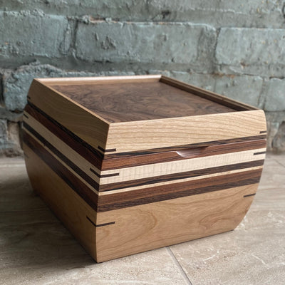 SELECT Mini Stash Box in Cherry with Multi Stripes and Burled Black Walnut lid