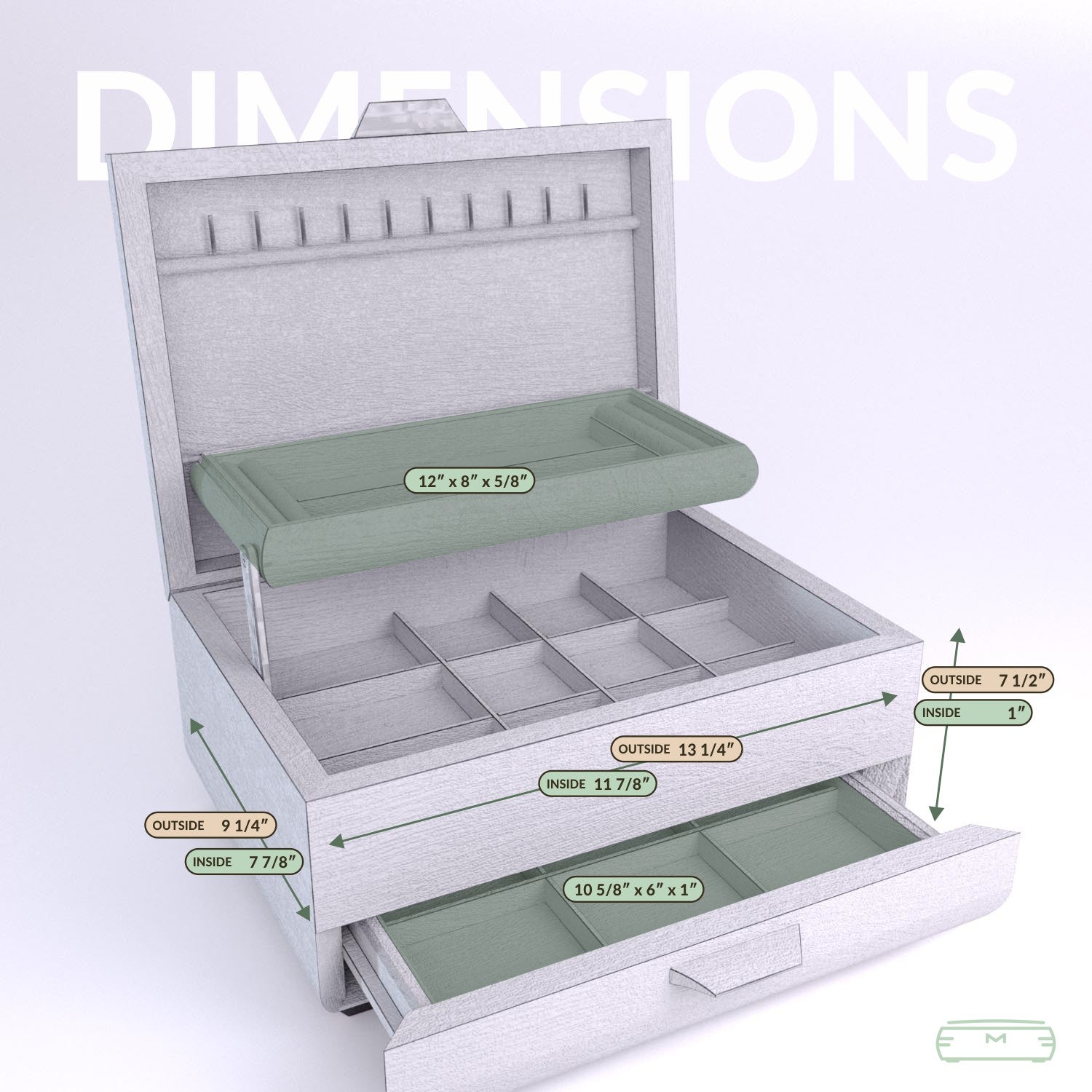 The One — Sophisticated Jewelry Chest — Bubinga with Bubinga Lid dimensions diagram