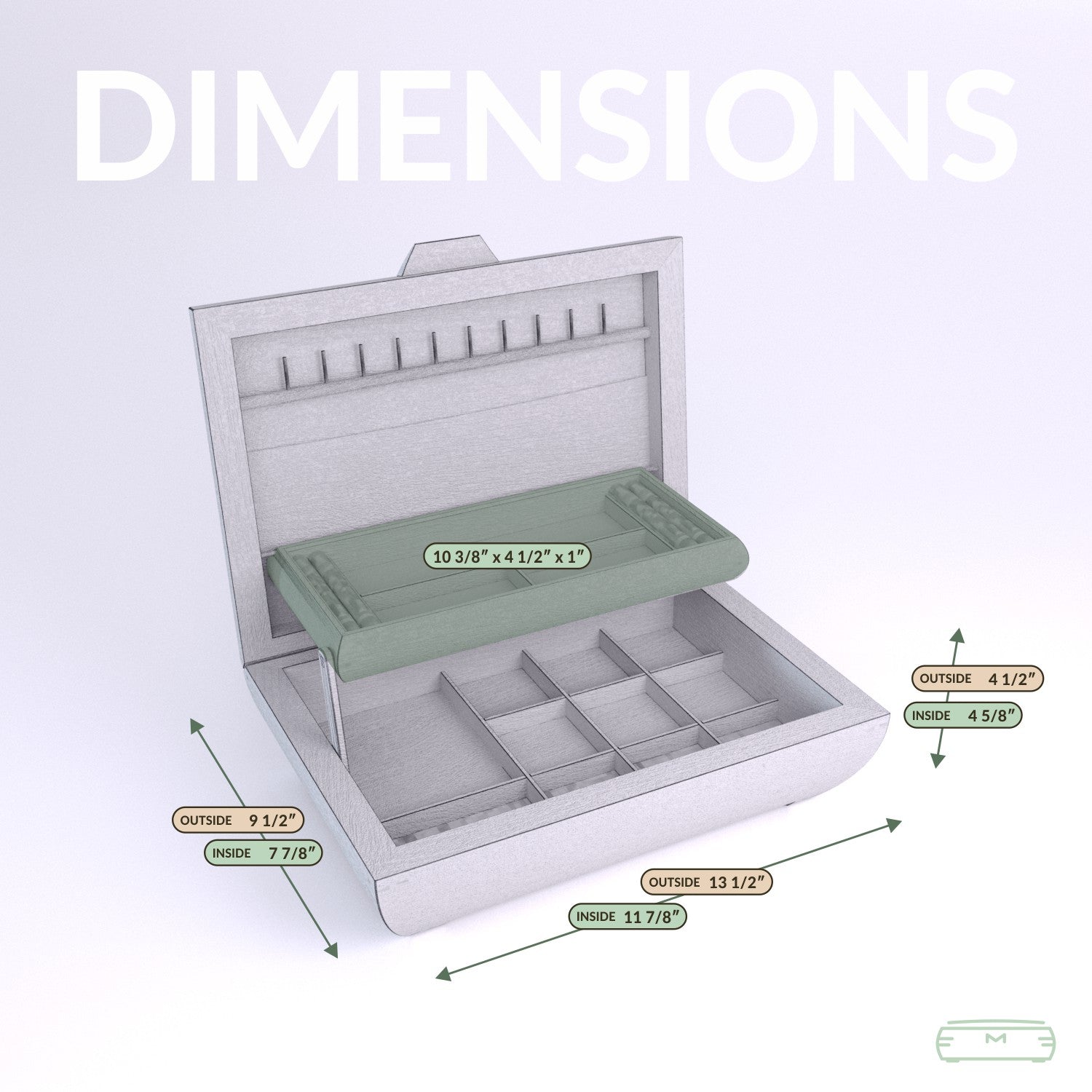 Elegance Jewelry Box — Walnut with Walnut Lid dimensions diagram